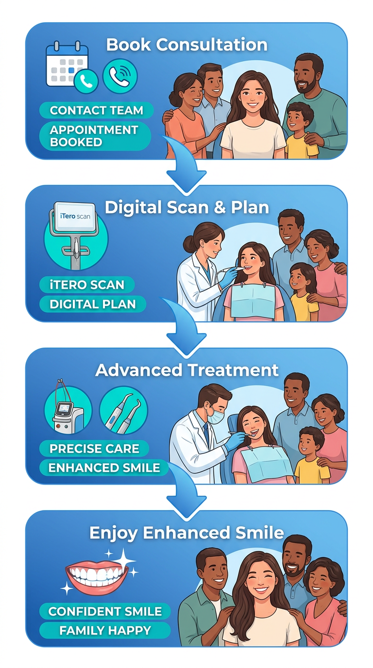 Vertical process flow diagram for starting cosmetic dental care at Asante Dental with four illustrated stages and icons