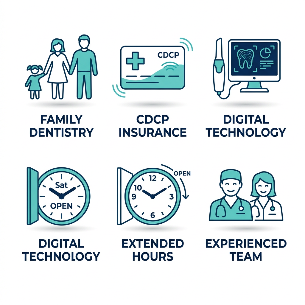 Square grid of 5 icons illustrating key criteria for selecting a family dentist: all ages, insurance, technology, availability, and team experience