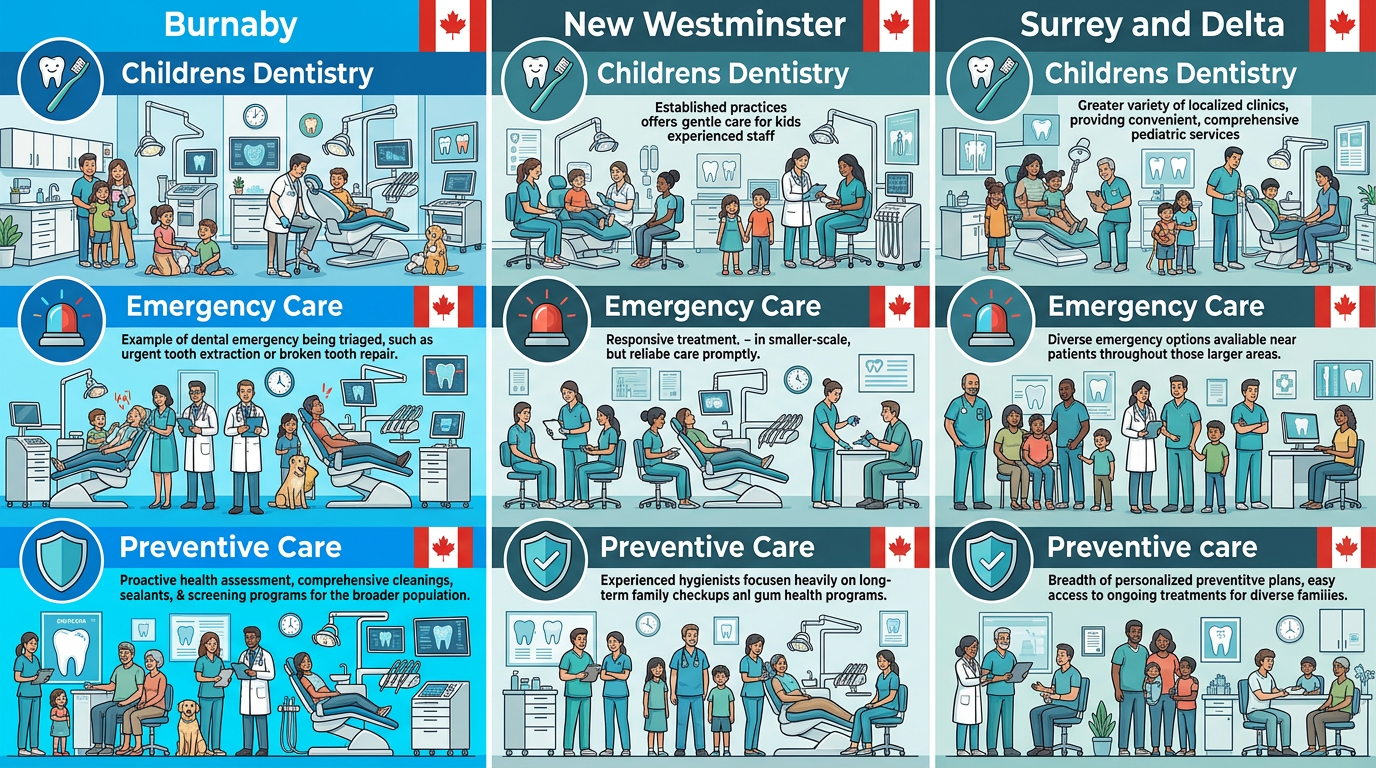 Infographic comparing key family dental services in Burnaby, New Westminster, and nearby regions