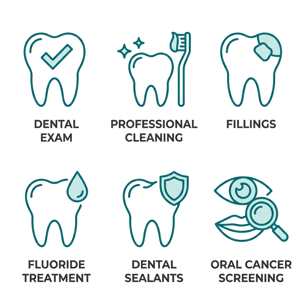 2x3 grid of outline teal icons for dental services: exam, cleaning, fillings, fluoride, sealants, cancer screening