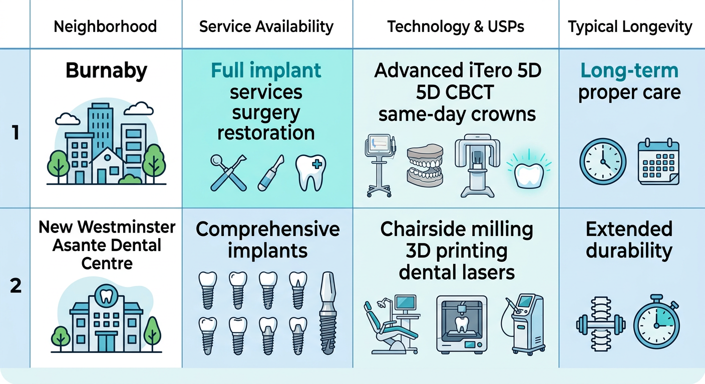 Infographic comparing dental implant services, technology, and longevity in Burnaby and New Westminster neighborhoods