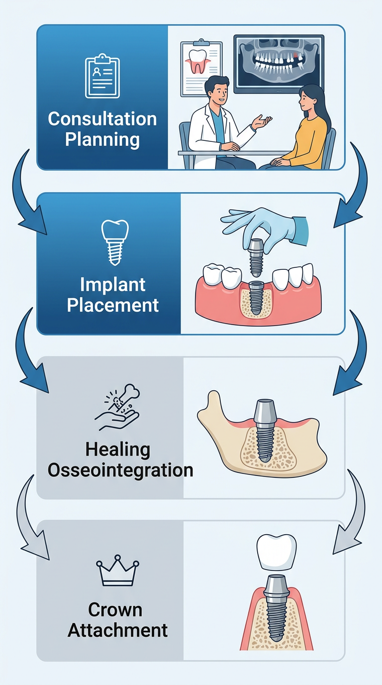 Process flow diagram of dental implant stages: consultation with CBCT, surgical placement, healing, abutment and crown attachment.