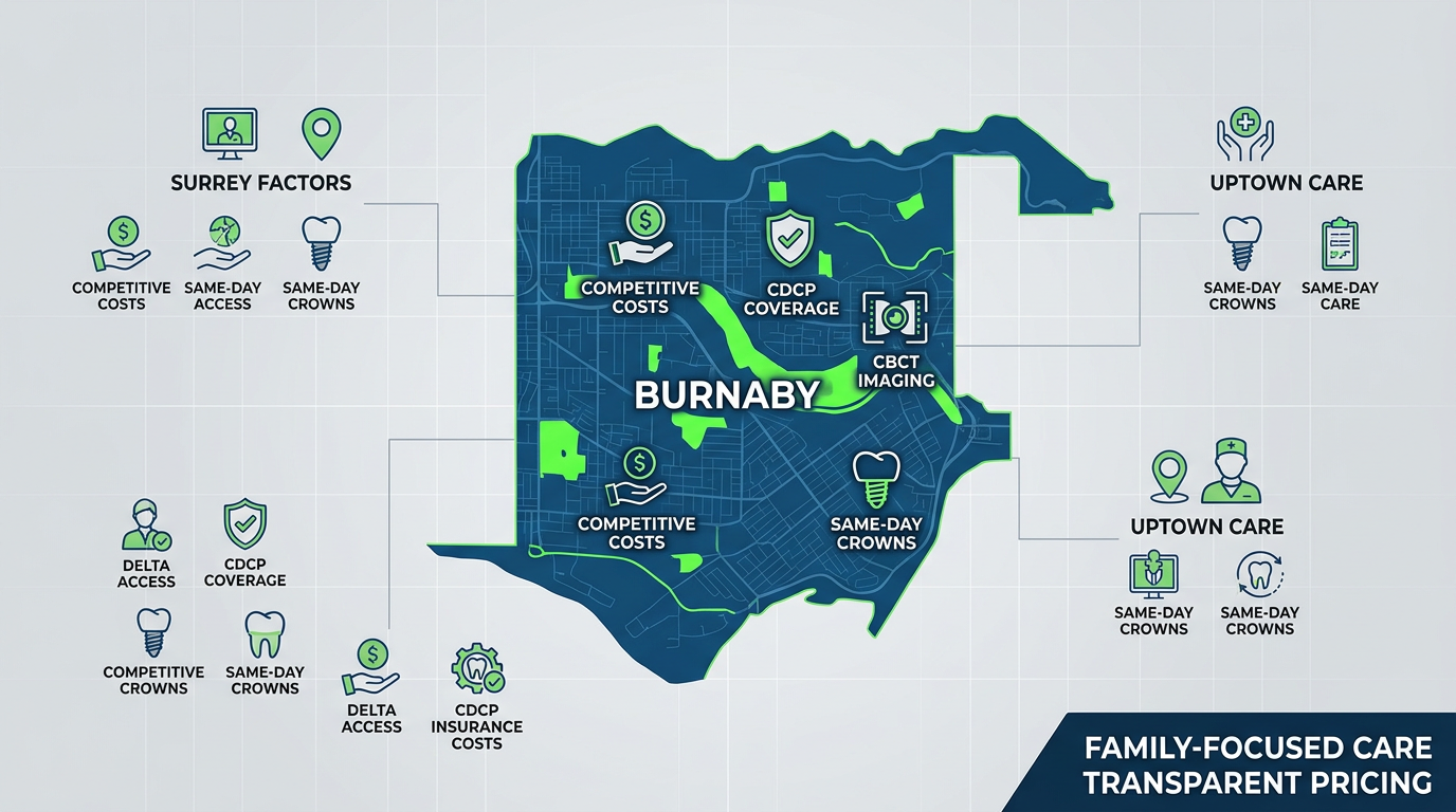 Infographic of Burnaby dental implant landscape with central map, competitive costs, CDCP coverage, CBCT imaging, same-day crowns, and nearby areas