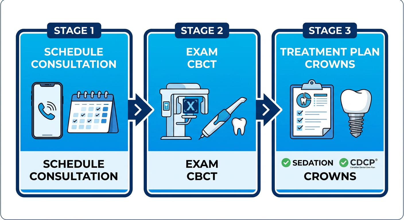 Three-stage horizontal process flow for dental implants: consultation scheduling, advanced exam, and treatment planning with icons.