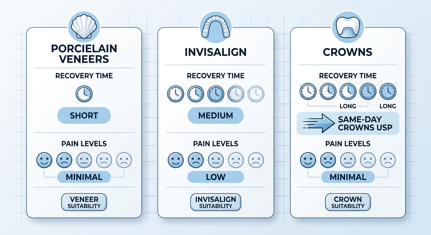 Infographic comparing Porcelain Veneers, Invisalign, and Crowns: icons, recovery times, pain levels, family suitability in Burnaby area.