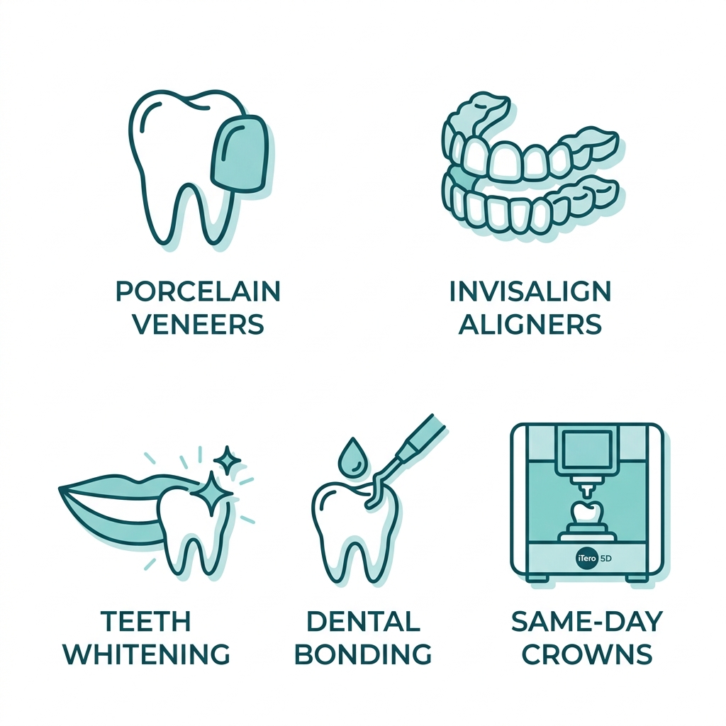 Modern icons of cosmetic dentistry services: veneers, Invisalign, whitening, bonding, same-day crowns