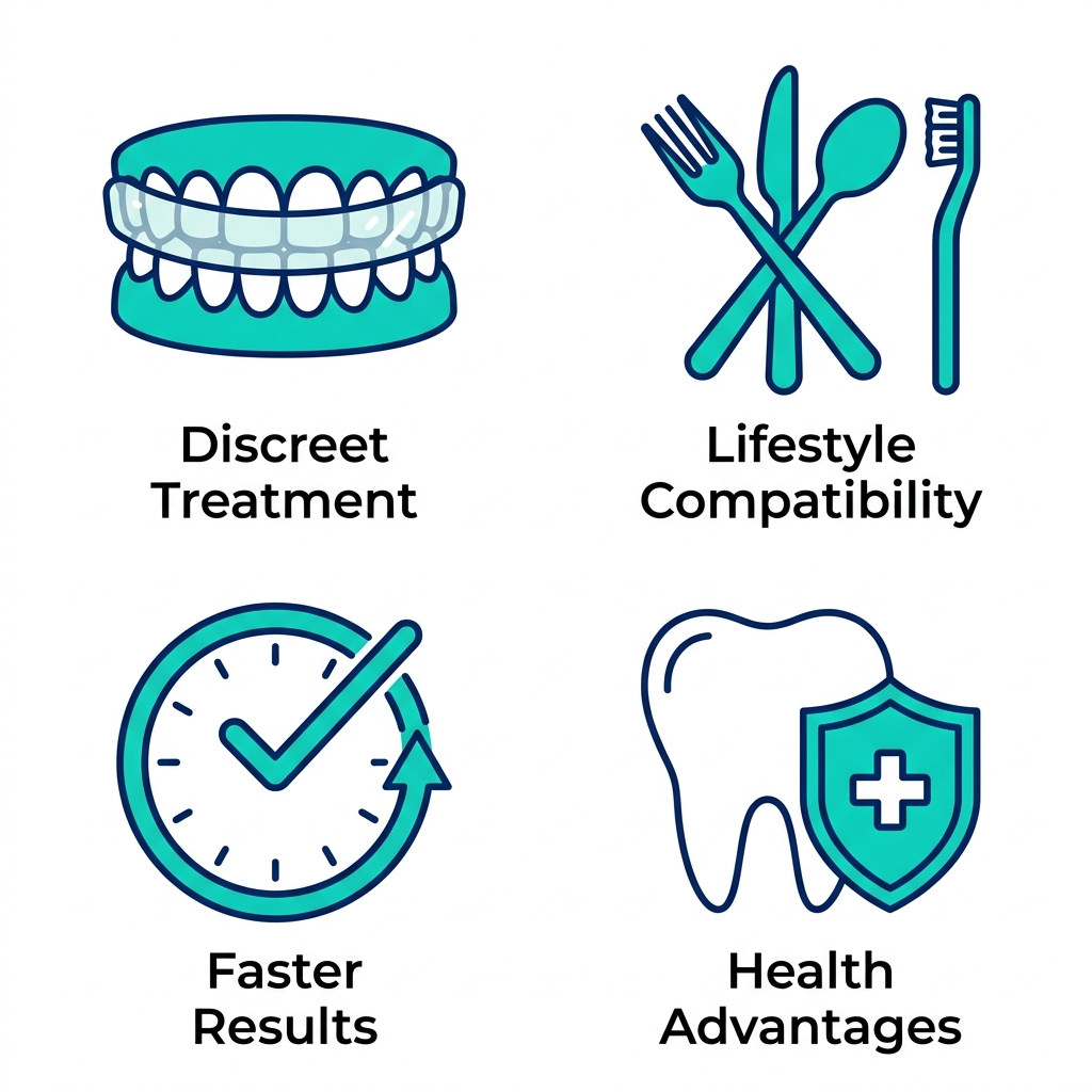 2x2 grid of outline icons depicting Invisalign benefits: discreet treatment, lifestyle compatibility, faster results, health advantages for family dentistry.