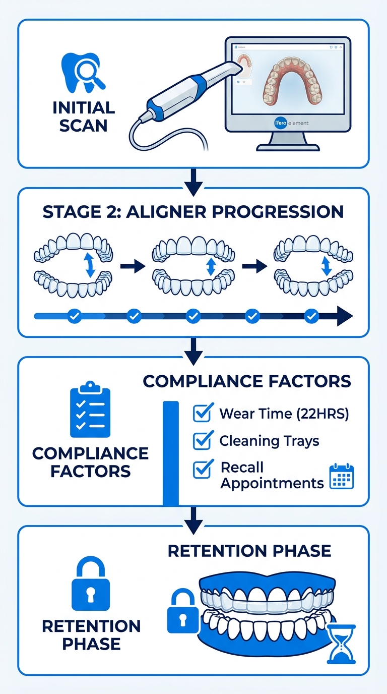 Vertical process flow illustrating four key stages of Invisalign treatment: initial digital scanning, aligner progression, compliance factors, and retention phase.