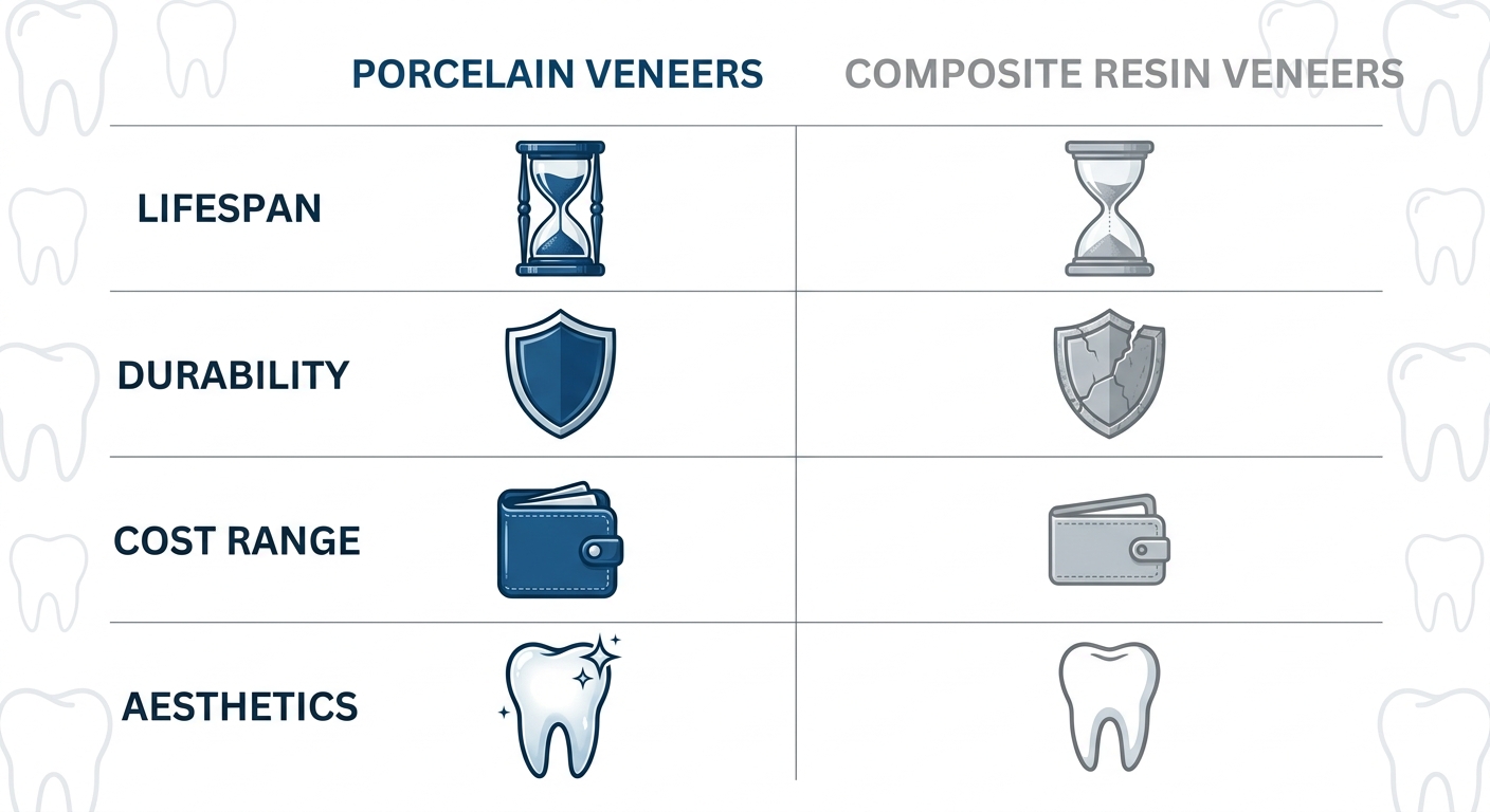 Infographic comparing porcelain and composite veneers on lifespan, durability, cost range, and aesthetics using icons.