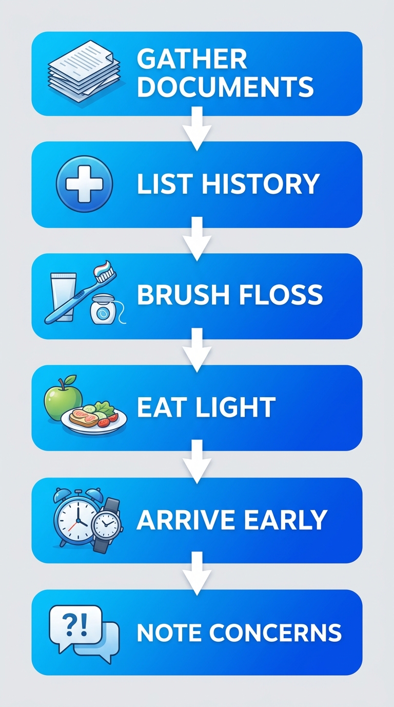 Vertical process flow diagram with six steps for preparing your first dental visit: gather documents, list medical history, brush and floss, eat light meal, arrive early, note concerns, featuring relevant icons and blue-gradient design.