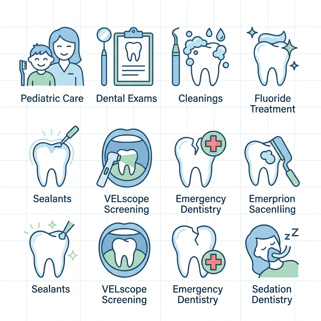 Grid of 8 flat outline icons depicting pediatric care, dental exams, cleanings, fluoride treatment, sealants, oral screening, emergency dentistry, and sedation dentistry in soft blue and green tones.