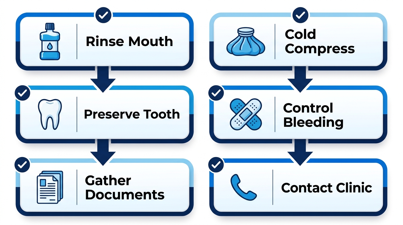 Vertical process flow illustrating 6 preparation steps for emergency dentist appointment at Asante Dental Centre