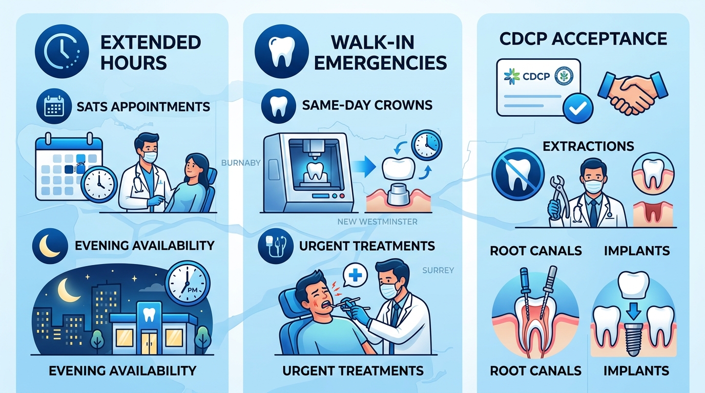 Infographic of dental emergency services features including extended hours, walk-in care, and CDCP acceptance in Metro Vancouver areas