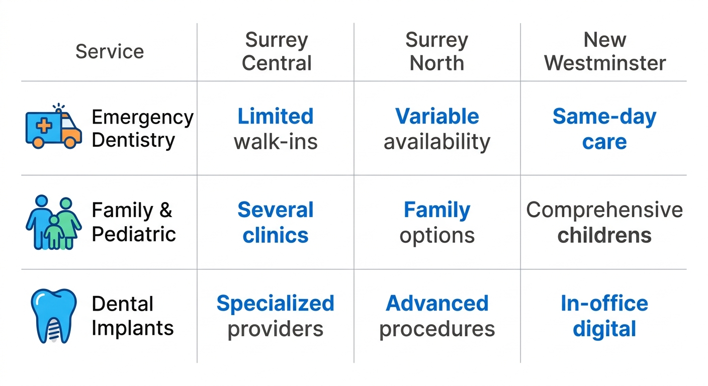 Infographic table comparing dental emergency, family pediatric, and implant services availability in Surrey Central, North, and New Westminster regions.