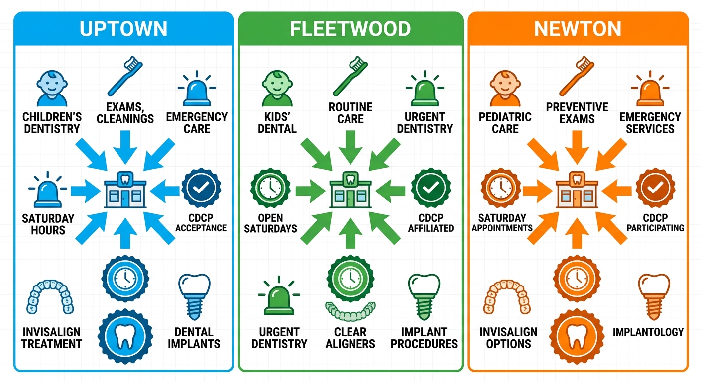 Infographic depicting key dental services like children's dentistry, exams, emergency care, Invisalign, and implants available in Surrey's Uptown, Fleetwood, and Newton areas, with accessibility to clinic, Saturday hours, and CDCP badges.