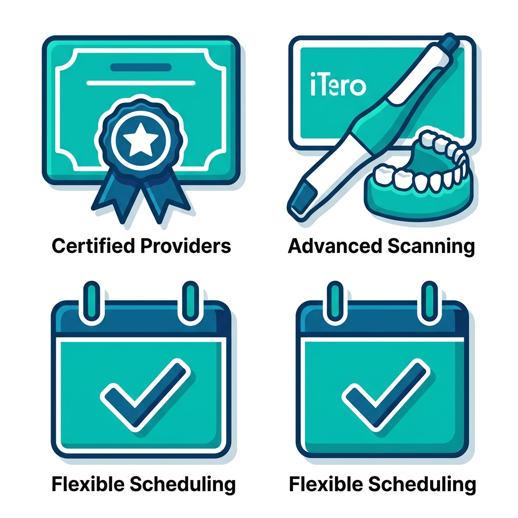 Vertical stack of three icons illustrating key criteria for choosing Invisalign providers: certification, advanced technology, and flexible scheduling.