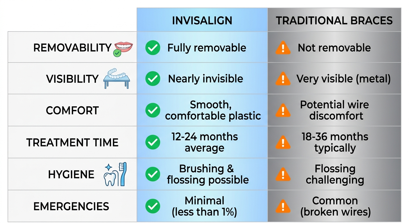 Infographic comparing Invisalign and traditional braces features: removability, visibility, comfort, treatment time, hygiene, emergencies