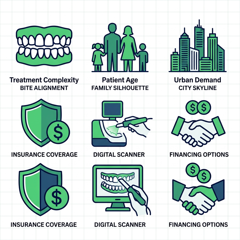 Grid of six icons illustrating key local factors affecting Invisalign costs in Surrey: treatment complexity, patient age, urban demand, insurance, technology, and financing.