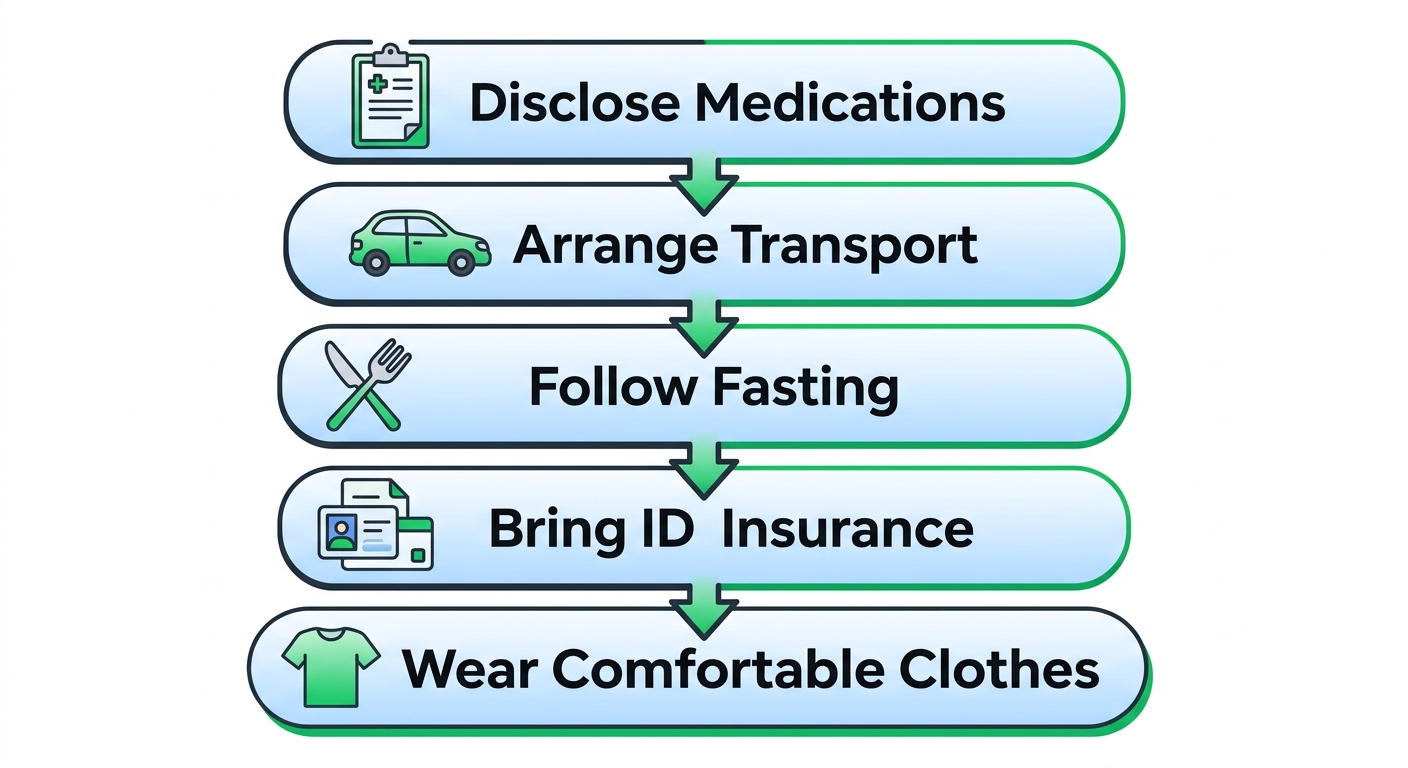Vertical process flow diagram with 5 steps for sedation dentistry preparation: disclose medications and allergies, arrange adult transport, follow fasting guidelines, bring ID and insurance, wear comfortable clothes.
