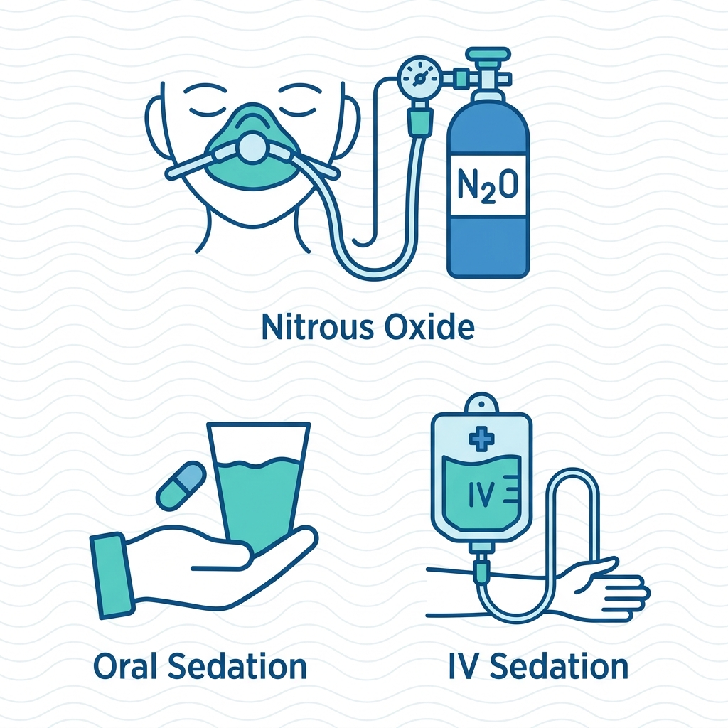 Vertical grid of three dental sedation icons: nitrous oxide mask, oral pill, IV drip in blue and teal tones.