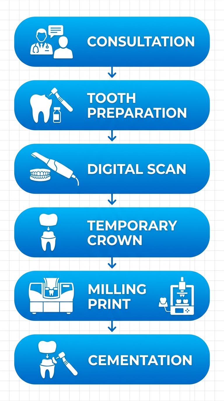 Vertical process flow diagram illustrating six stages of dental crown procedure: consultation, tooth preparation, digital scanning, temporary crown placement, in-office milling, and permanent cementation.
