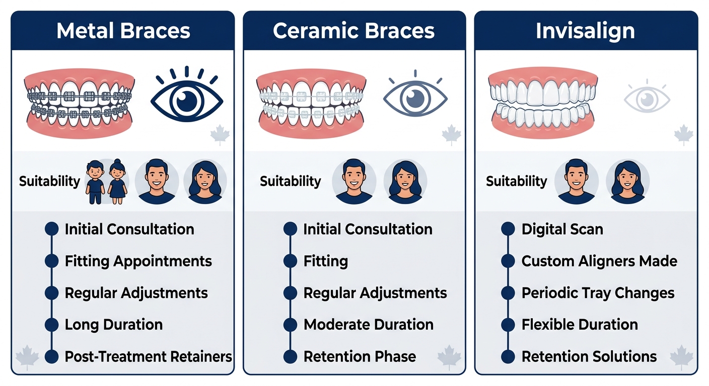 Infographic comparing traditional metal braces, ceramic braces, and Invisalign aligners with visibility levels, suitability icons, and process indicators for Surrey orthodontic options