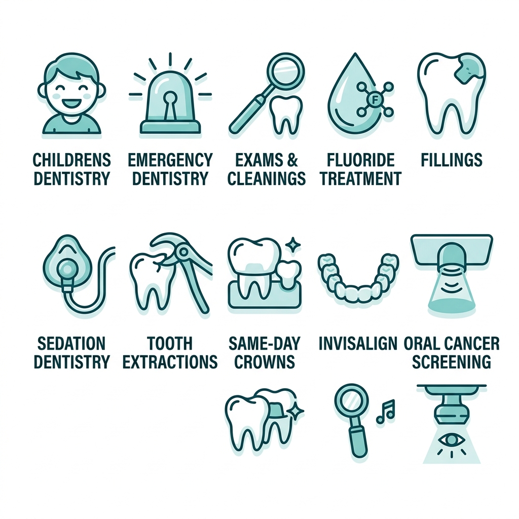 2x5 grid of modern outline icons for Asante Dental family services: Children's Dentistry child profile, Emergency Dentistry siren, Exams & Cleanings dental mirror, Fluoride Treatment drop, Fillings patch, Sedation Dentistry gas mask, Tooth Extractions pull, Same-Day Crowns crown, Invisalign aligner, Oral Cancer Screening light scanner, with short labels.