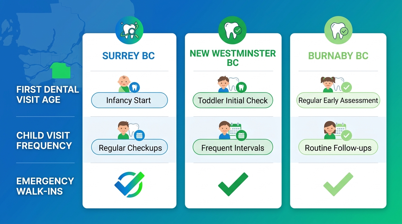 Infographic comparing family dental services standards in Surrey, New Westminster, and Burnaby BC regions with checkmark icons