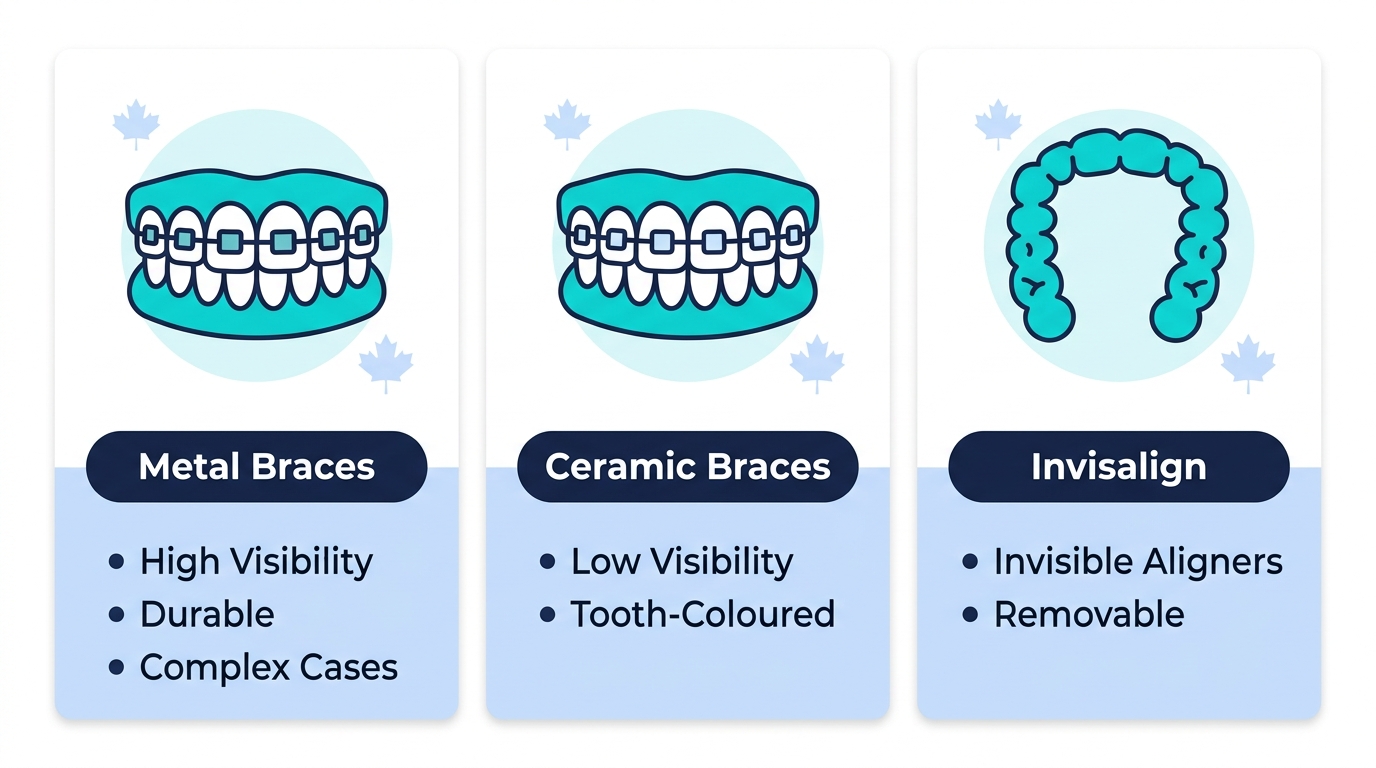 Infographic comparing metal braces, ceramic braces, and Invisalign with key feature highlights