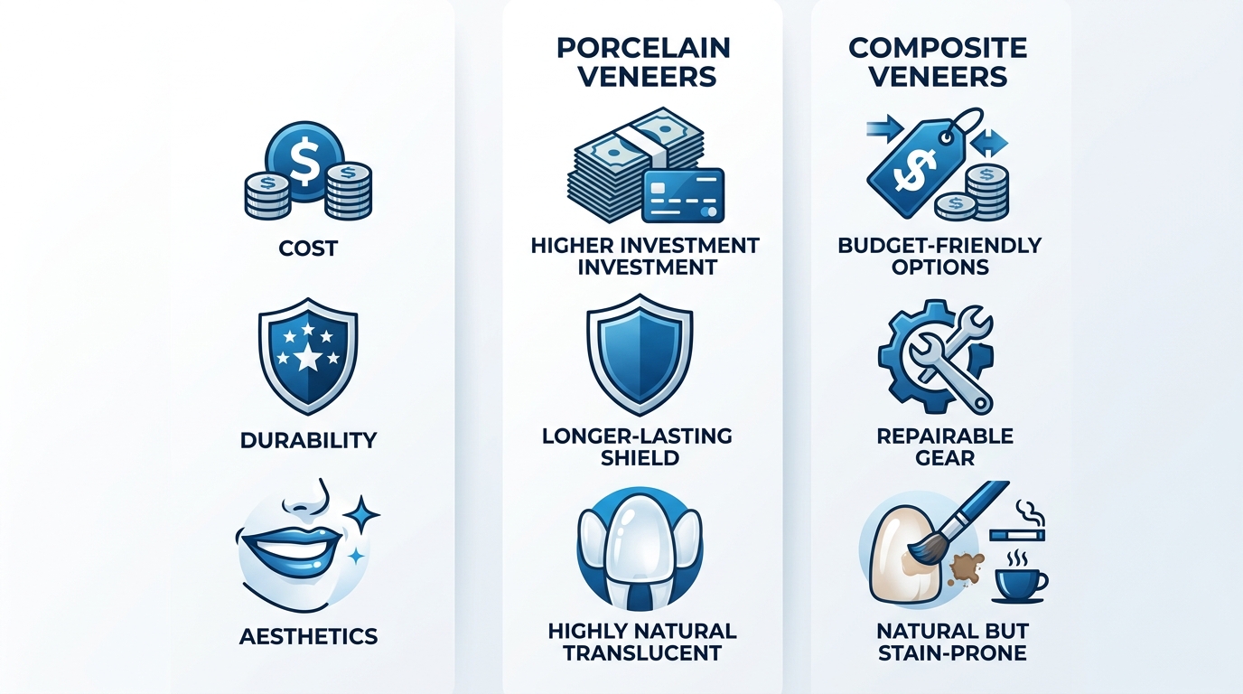 Infographic comparing porcelain and composite veneers by cost, durability, and aesthetics