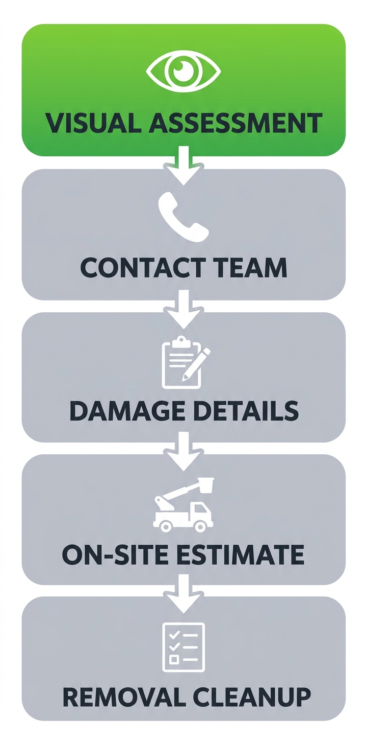 Vertical process flow diagram with 5 stages for arranging emergency tree care after a storm: safe assessment, contact team, provide details, on-site estimate, removal and cleanup.