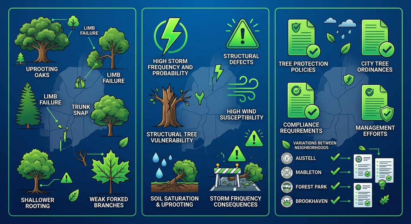 Infographic illustrating tree storm risks in Metro Atlanta areas like Austell, Mableton, Forest Park with icons for frequency, vulnerability, and regulations.