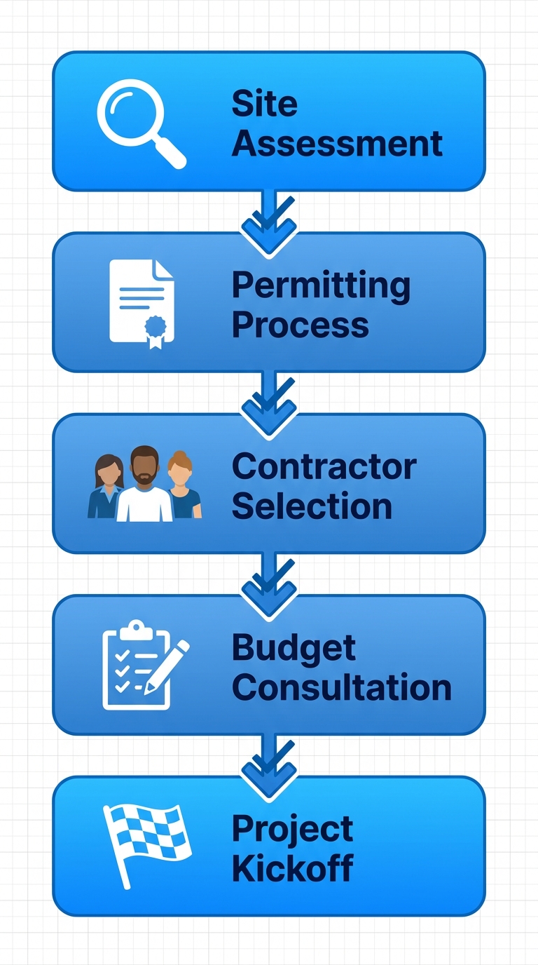 Vertical process flow diagram illustrating five stages to begin HVAC projects in San Diego: site assessment, permitting, contractor selection, budget consultation, and project kickoff.
