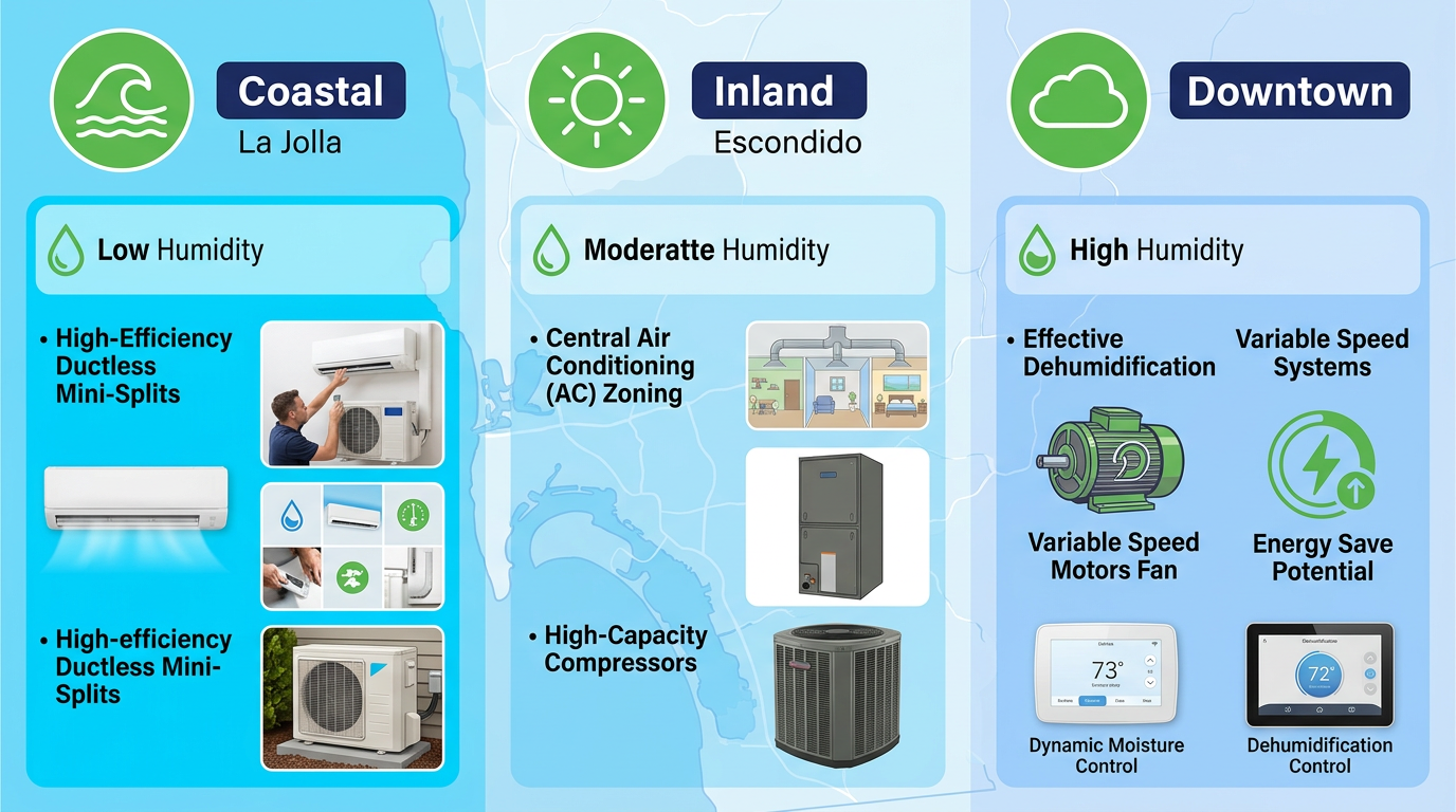 Infographic illustrating HVAC system needs for San Diego's Coastal, Inland, and Downtown neighborhoods with icons and sustainable features