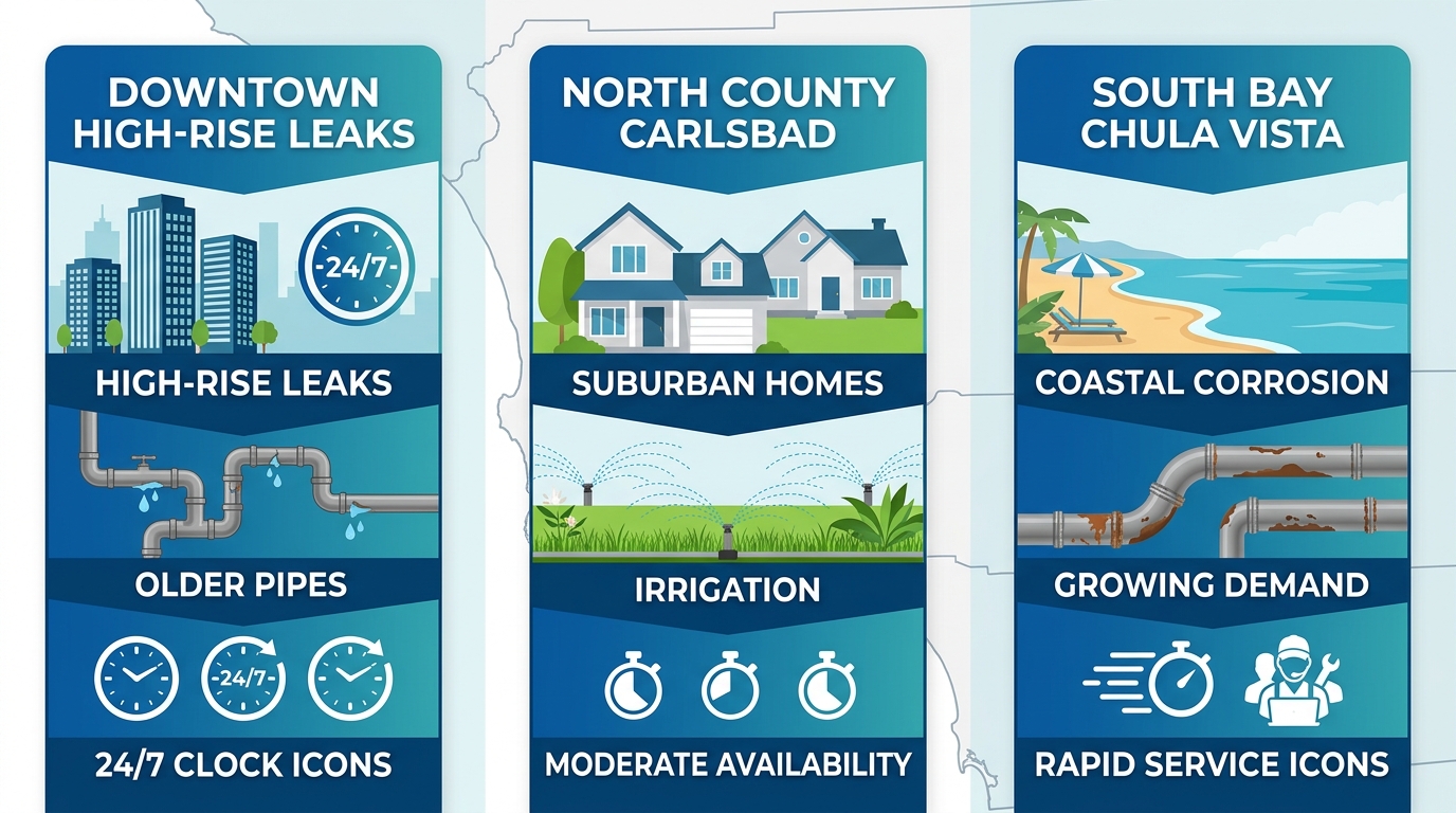 Infographic depicting San Diego plumbing landscape across Downtown North County and South Bay with regional icons and subtle map background