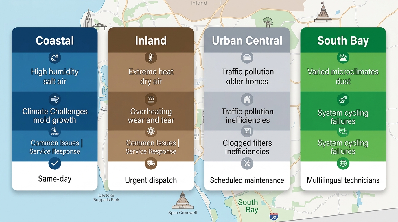 Infographic comparing HVAC repair challenges, issues, and response times across San Diego regions: Coastal, Inland, Urban Central, South Bay.