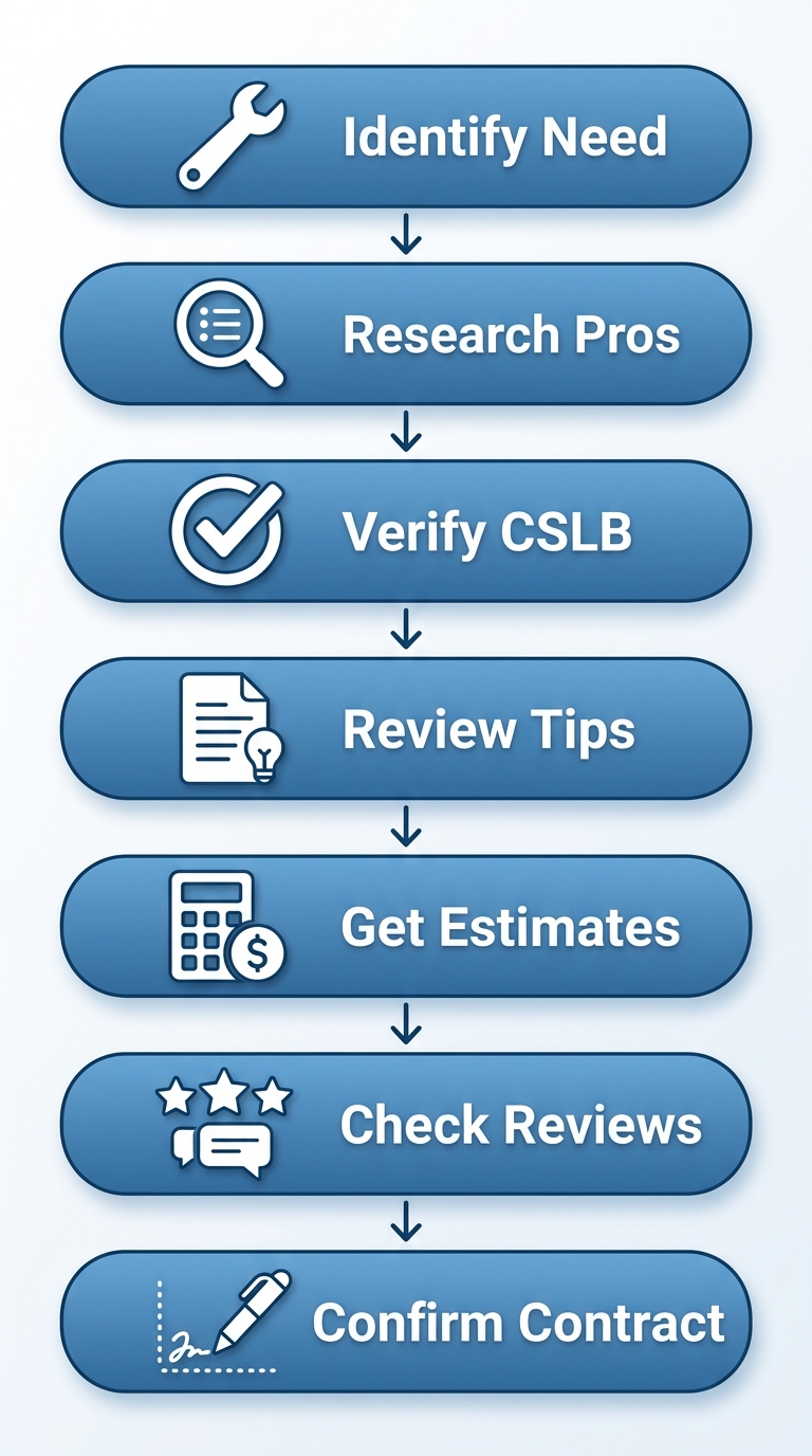 Vertical process flow diagram showing 7 steps to hire a plumber in San Diego: identify need, research pros, verify license, review tips, get estimates, check reviews, confirm contract with icons.