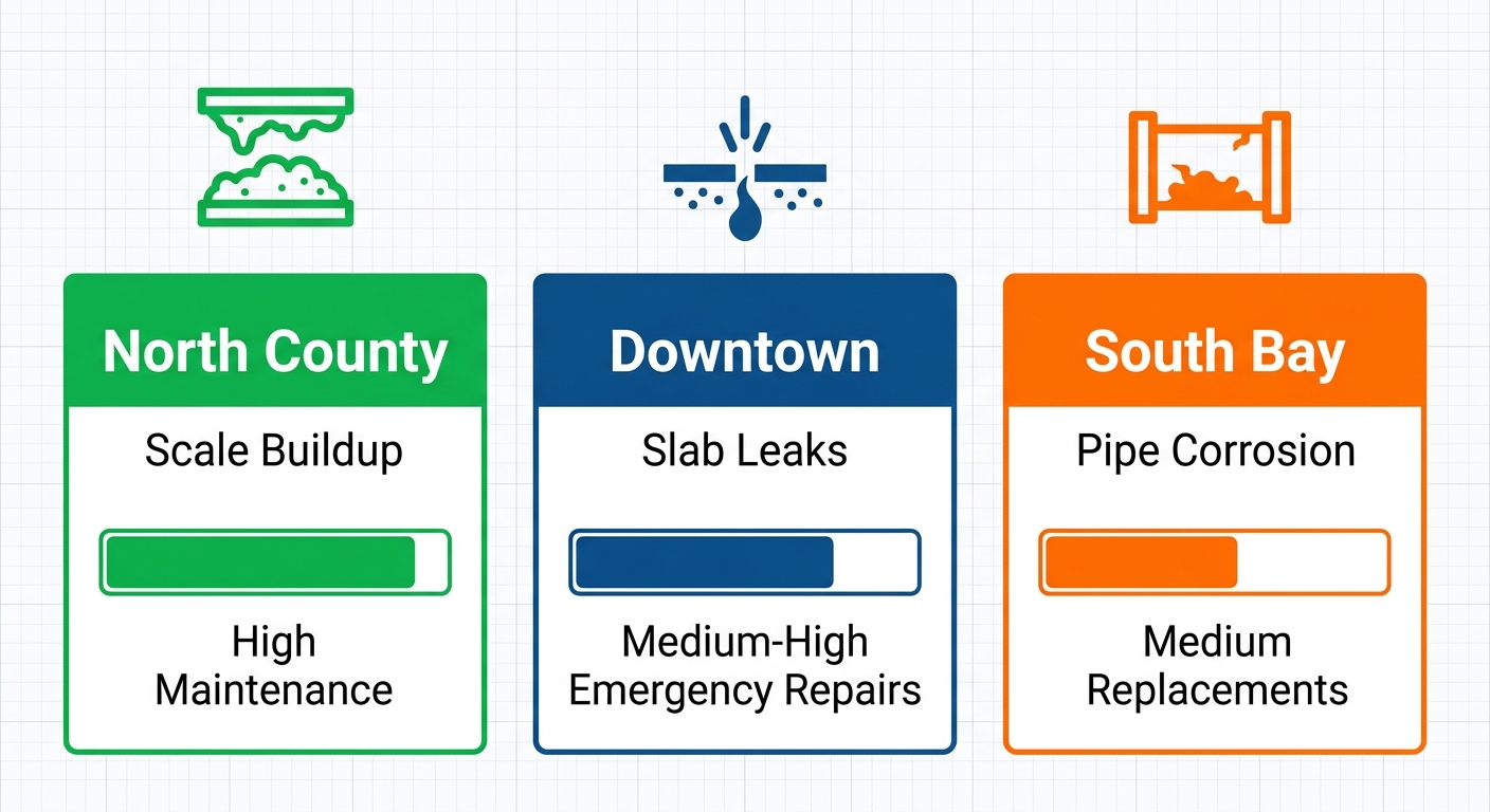 Three-column infographic comparing plumbing issues in San Diego neighborhoods: North County scale buildup high maintenance, Downtown slab leaks emergency repairs, South Bay pipe corrosion replacements.