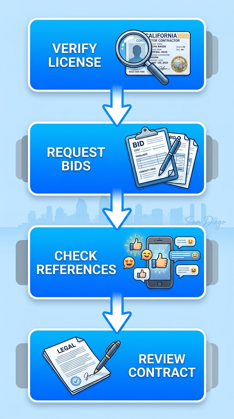 Vertical process flow diagram showing four steps to hire HVAC contractors: verify license, request bids, check references, review contract