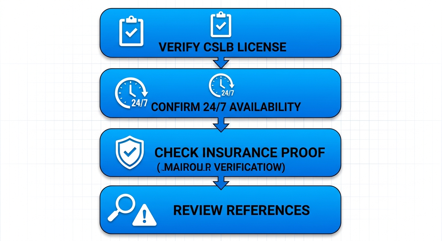 Vertical process flow diagram with four steps to hire reliable emergency plumbers: verify license, confirm availability, check insurance, review references