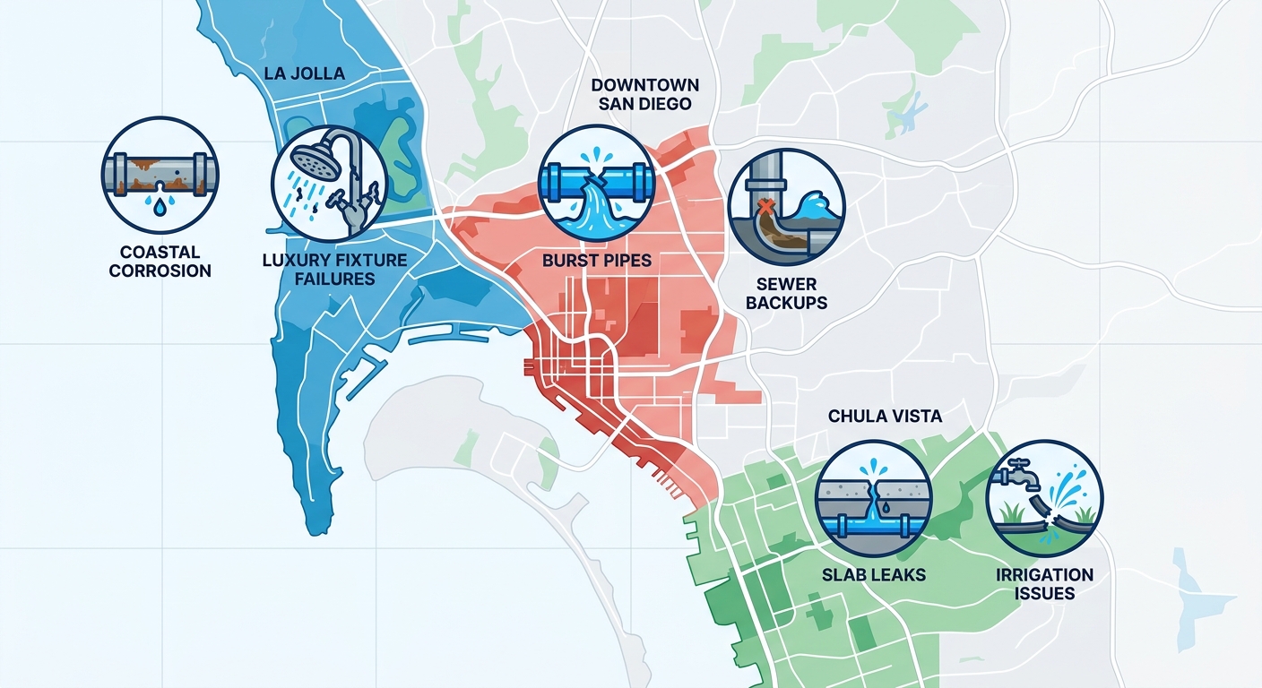 Infographic illustrating common plumbing emergencies in San Diego neighborhoods: Downtown, La Jolla, and Chula Vista with icons and key issues