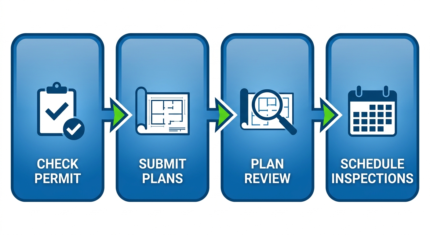 Horizontal process flow diagram illustrating four key steps for San Diego remodeling permits: check requirements, submit plans, plan review, and schedule inspections with icons and arrows.