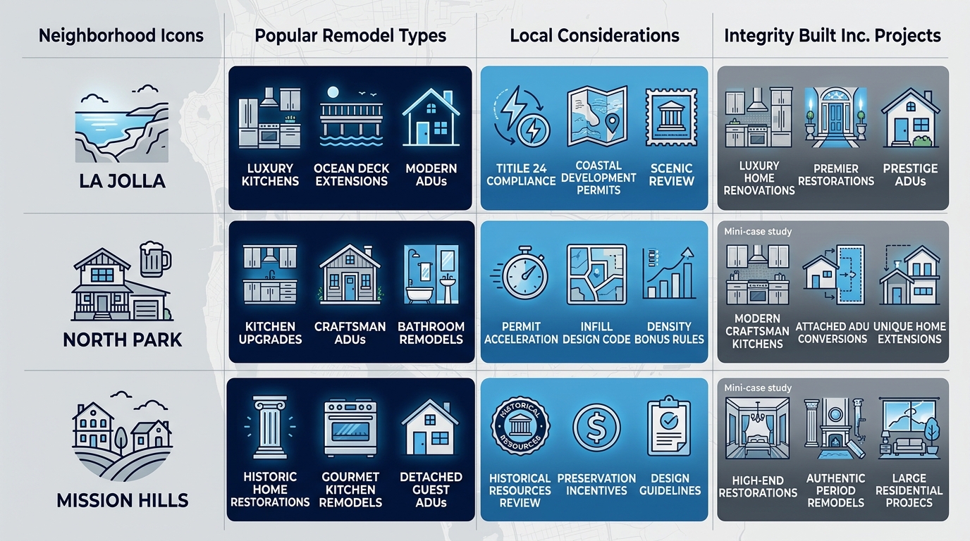 Infographic comparing San Diego neighborhoods La Jolla, North Park, Mission Hills for home remodeling projects with remodel types, considerations, and Integrity Built expertise