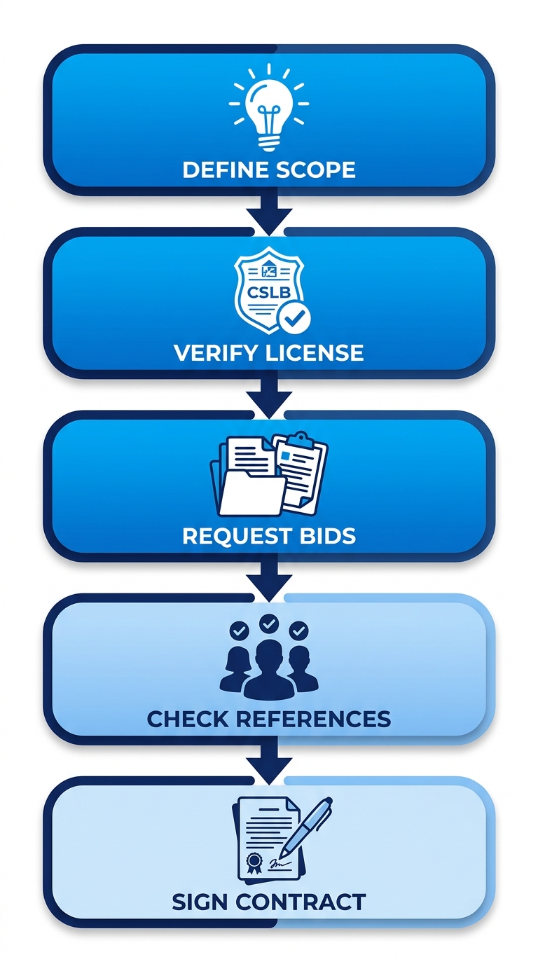 Vertical process flow diagram showing five steps to start a San Diego home remodel: define scope, verify license, request bids, check references, sign contract with icons.