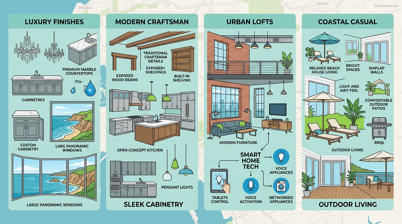 Infographic comparing home remodeling trends in San Diego neighborhoods: La Jolla, North Park, Downtown, Mission Beach