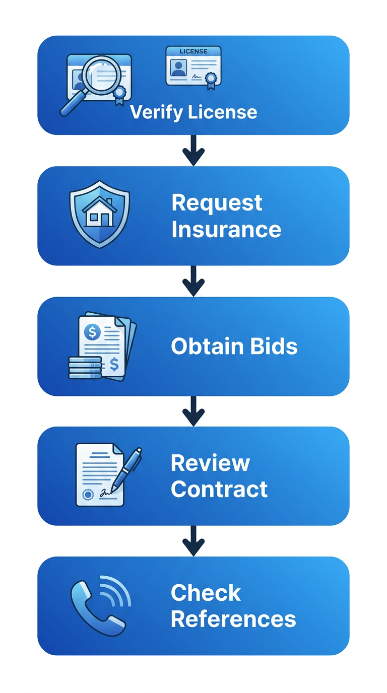 Vertical process flow diagram illustrating five steps to hire a licensed San Diego contractor: verify license, request insurance, obtain bids, review contract, check references with icons.