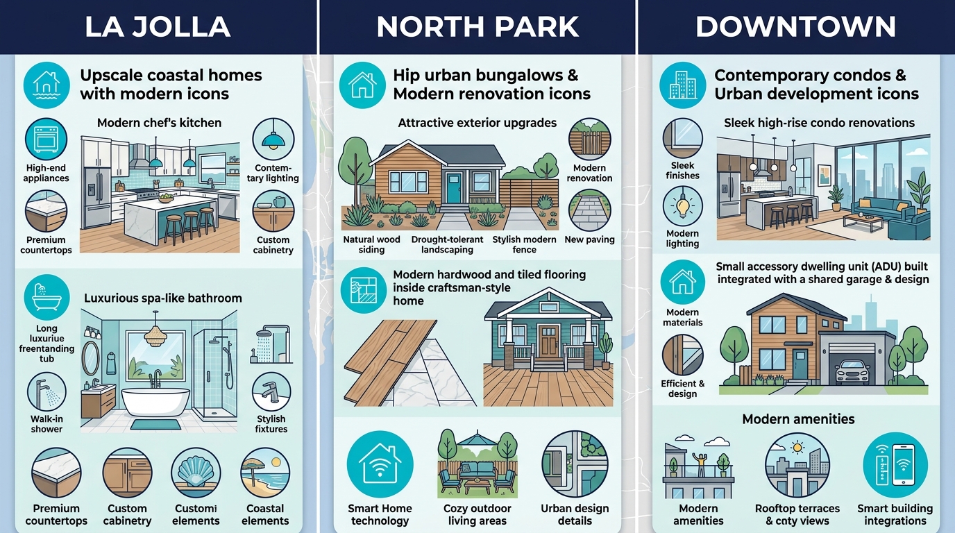 Infographic comparing San Diego renovation trends in La Jolla, North Park, and Downtown neighborhoods with project icons