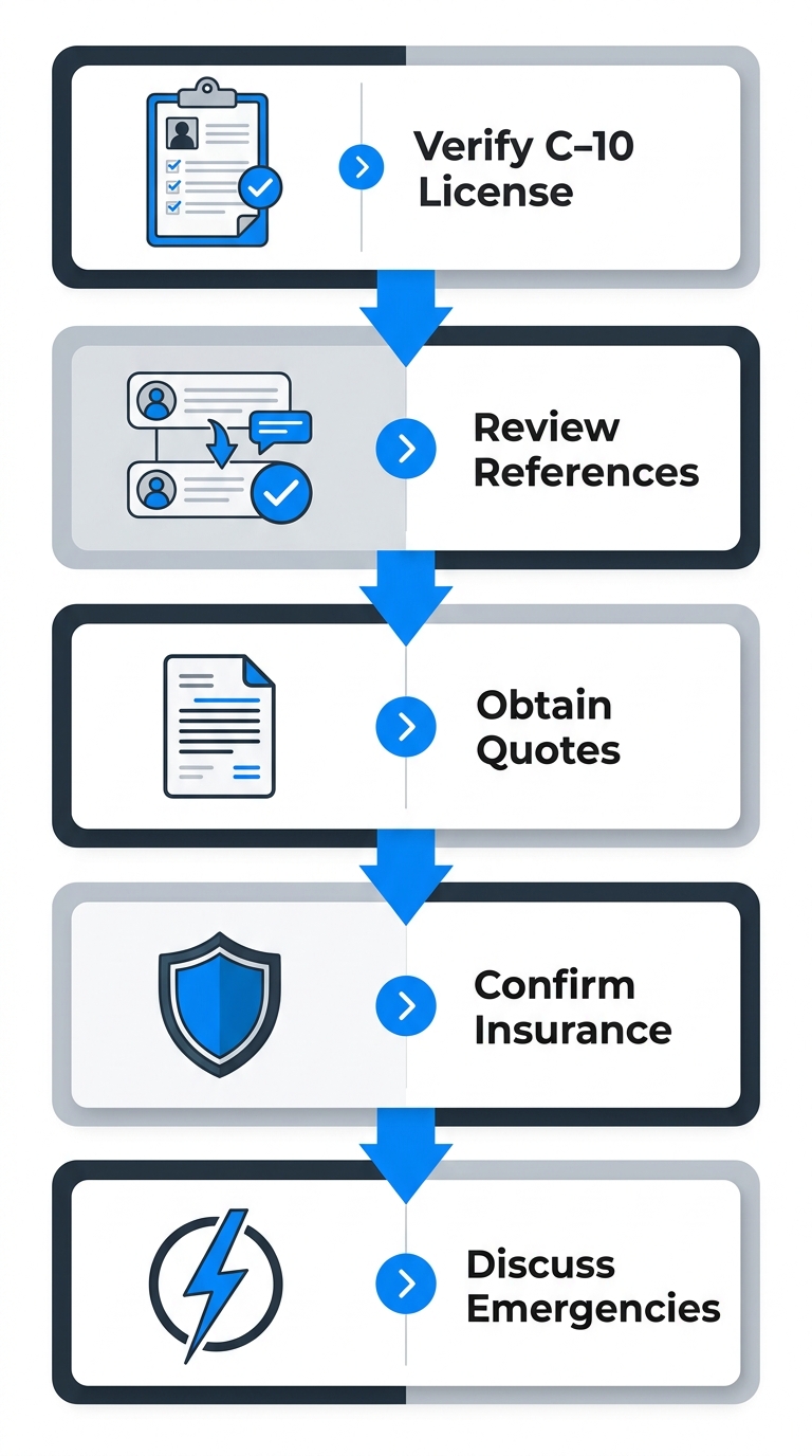 Vertical process flow illustrating 5 steps to hire a San Diego electrician: verify license, review references, obtain quotes, confirm insurance, discuss emergencies.