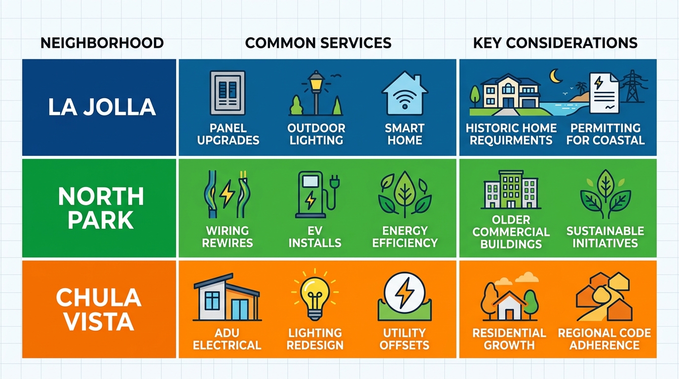Infographic comparing electrical services, common needs, and considerations for La Jolla, North Park, and Chula Vista neighborhoods in San Diego.