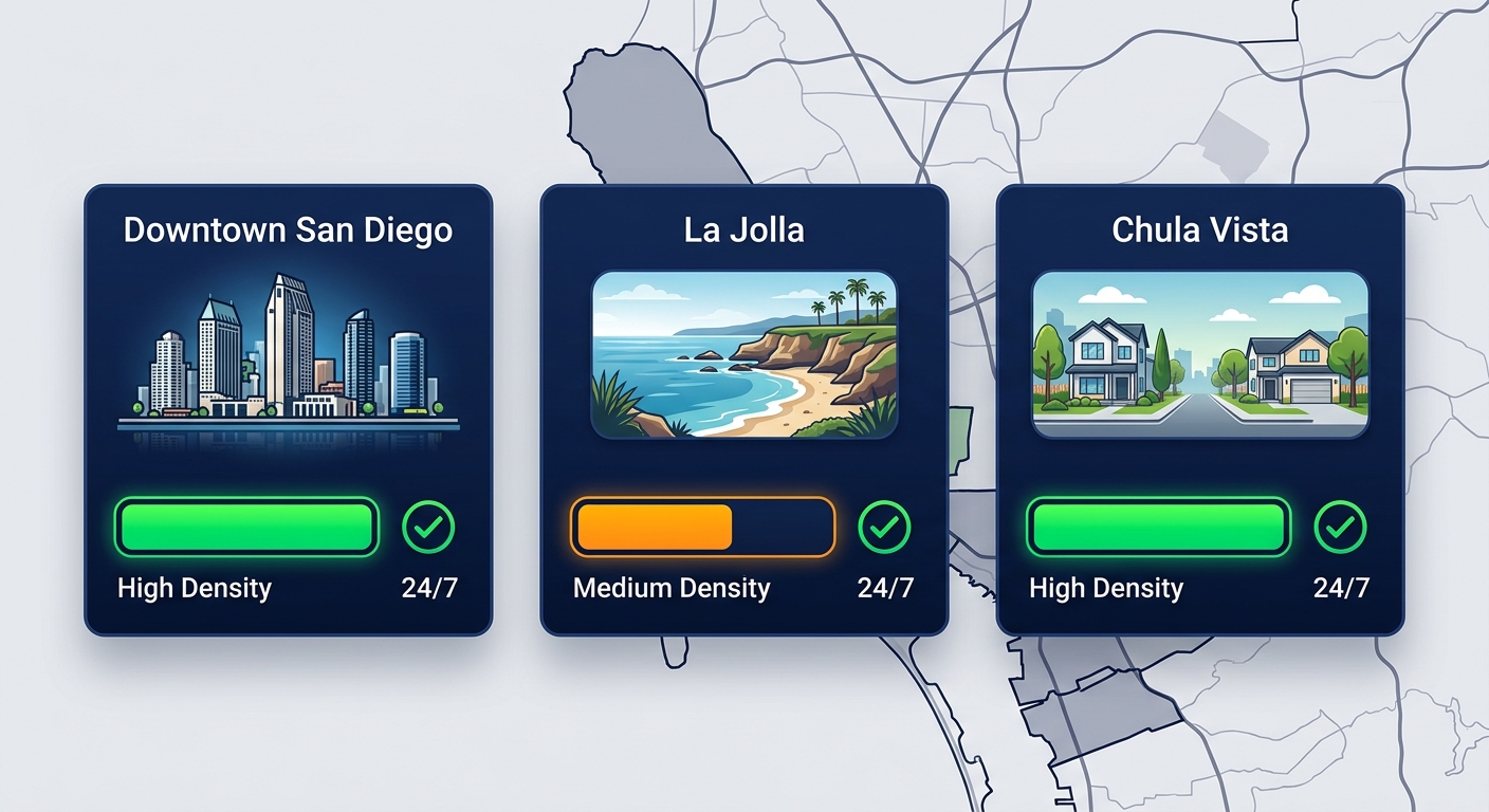 Infographic comparing electrical licensing density and 24/7 availability in Downtown San Diego, La Jolla, and Chula Vista neighborhoods with icons, bars, and checkmarks